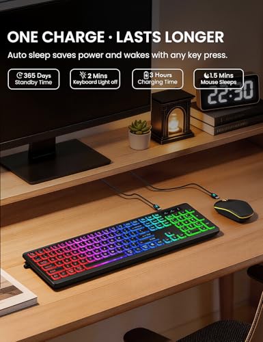 Image of Wireless Keyboard and Mouse Combo, RGB Backlit, Rechargeable & Light Up Letters, Full-Size, Soft Typing, Sleep Mode, 2.4GHz Quiet Keyboard Set for Mac, Windows, Laptop, PC, Trueque KM42Pro (Black)