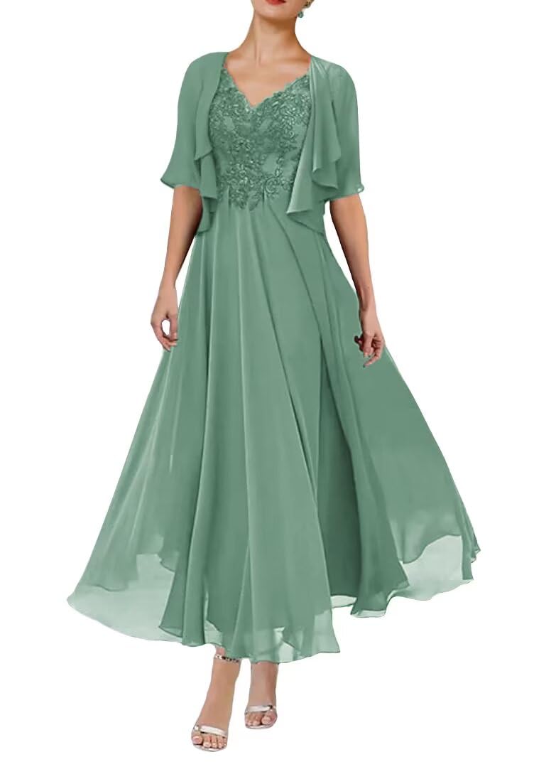 Geforsp 2 Piece Tea Length Mother of The Bride Dresses with Jacket Short Sleeves Lace Formal Evening Gown with Pockets
