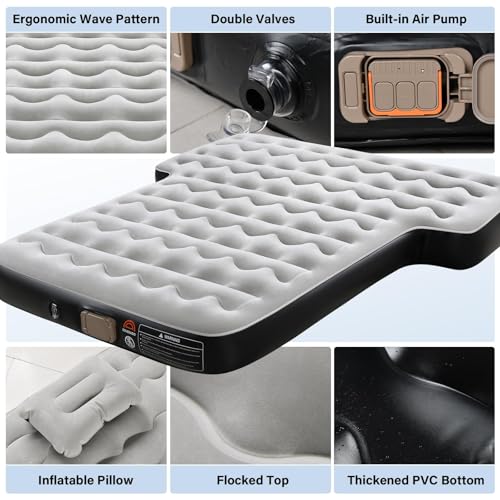 Image of Coverado SUV Air Mattress, Thickened Flocked-Top Car Air Mattress with Wireless Built-in Pump, Pillows, Patch Kit & Carry Bag, Quick&Easy Set Up, SUV Mattress Camping Bed Universal fit for Most Cars