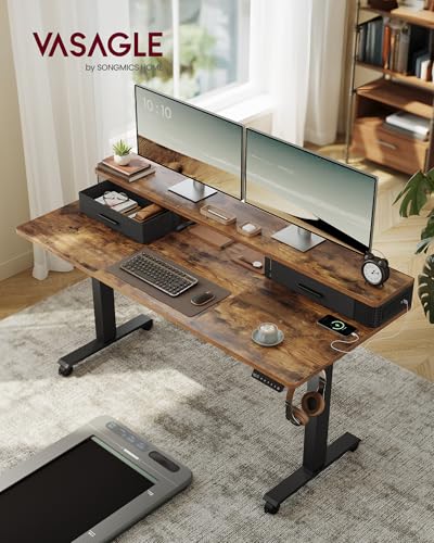 Image of VASAGLE Electric Standing Desk with Drawers, Sit Stand Desk with Built-in Power Strip, Adjustable Height, 55.1 x 23.6 Inches, 2 Hooks, Memory Function, for Home Office, Rustic Brown ULSD184KD01