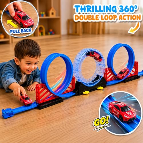 Image of Graphene 29 Pieces Shark Track Battle Toy Car Racing Set for Kids (3+ Years) Double Loop 360 Spin Multiplayer Adventure Toy Playset With1 Pullback Car Boys Girls