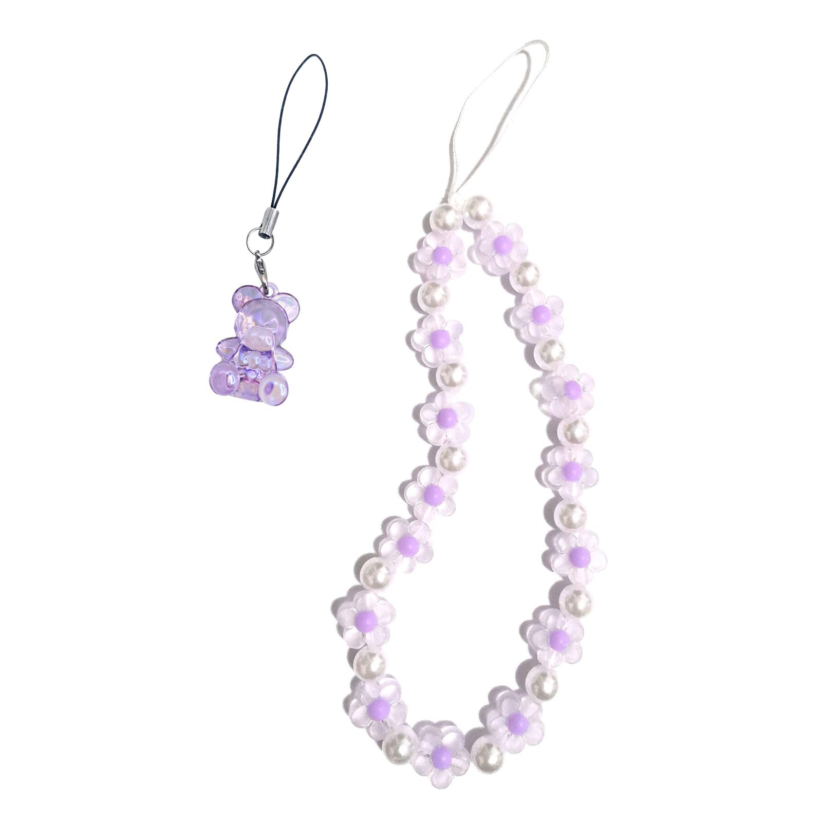 Meefisher 2 PCS Purple Bear Flower Beaded Mobile Phone Charms Lanyard Aesthetic Sweet Cute Phone Wrist Strap Anti-Lost Chain for Women