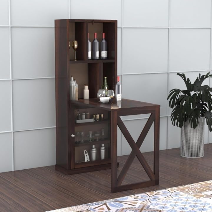 Image of Sheesham Wood Bar Cabinet with Foldable Counter Table | Wooden Wine Rack with Glass Storage | Space Saving Home and Office Bar Furniture - Walnut Finish