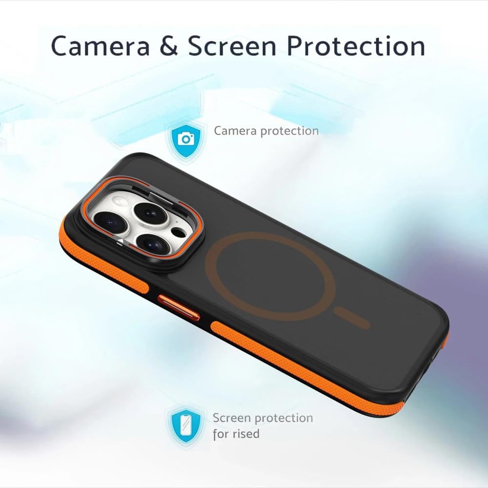 Coque pour iPhone 15 14 13 12 Pro Max 15 14 Plus Support de caméra en métal Protection en Silicone Housse de téléphone Coque Rigide, Orange, pour iPhone 15 Pro Max