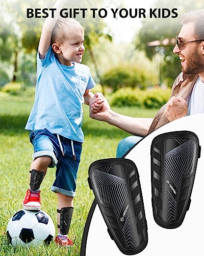 Espinilleras infantiles con certificado AirsFish Ligero, duradero, antideslizante, con correa ajustable, espinilleras de alta resistencia, para niños y niñas, FOOT4, Negro claro. - imagen 5
