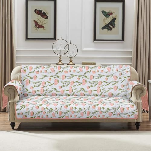 Image of Amazon Basics Printed Quilted Reversible Sofa Topper | 3 Seater | Dual-Tone Design | 170Cm X 175Cm | 325 GSM | Color - Green-Pink, Polyester Blend