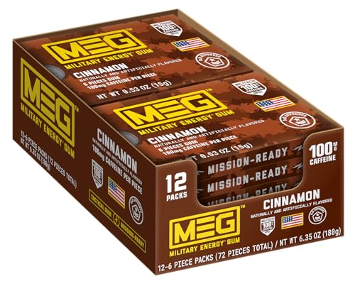 Image of MEG (Military Energy Gum) - Cinnamon| Energy Caffeine Gum | 100mg Caffeine Per Piece |Fast-Acting Performance Boost - 12 Packs