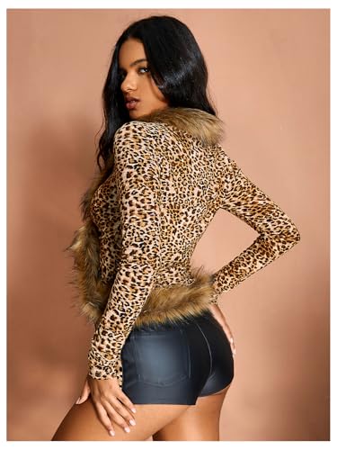 MakeMeChic Women's Faux Fur Fuzzy Long Sleeve Top Mesh Lace Open Front Y2K Tee Shirts2