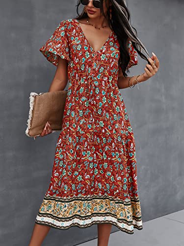 Image of TEMOFON Women Dress Summer Sleeveless Bohemian: Floral V Neck Button Down Flowy Boho Dresses S-XL