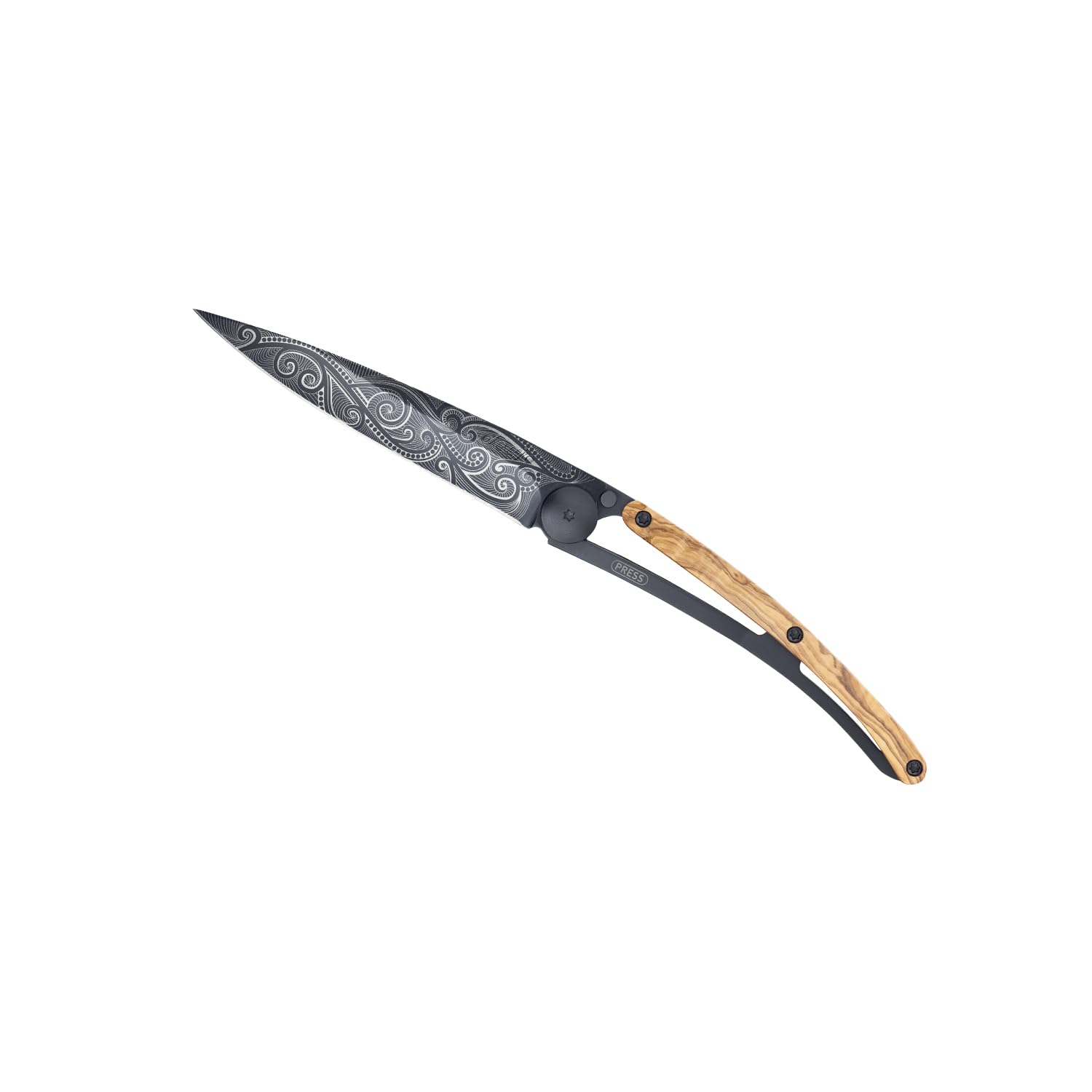 deejo - Couteau de Poche Pliant 27g - Manche en Bois d’Olivier, Lame en Acier Inoxydable Z40C13 - Motif Pacifique - Couteau de Table, Randonnée, Camping, Bivouac