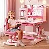 cukoekim Set di scrivania e sedia per bambini, design regolabile in altezza, scrivania ergonomica da studio con sedia, scrivania per apprendimento con cassetto portaoggetti, leggio, ganci per zaino