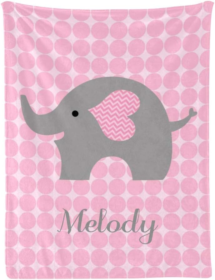 Elephant Dots Pink Personalized Receiving Baby Blankets for Girls Boys Kids with Name,Customized Swaddle Blankets Gift for Newborn Crib Infants 30x40 Inches
