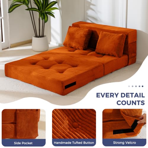 Image of MAXYOYO Convertible Sofa Bed, Fold Out Sofa Couch with Pillow for Adults | Loveseat Sofa 4 in 1 Tufted Folding Couch Bed Foam Floor Couch, Lazy Chair for Living Room Bedroom Guest Room, Orange