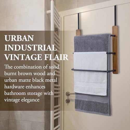 Mygift BATH2604DKBRN Rustic Over The Door Towel Rack, 3 Tier Solid Burnt Wood And Matte Black Metal Space Saving Bathroom Door Hanging Towel Bar thumb #1