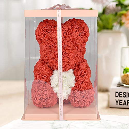 ASENVER Hand Made Rose Bear Artificial Flower Gift for Mather's Day Birthday Valentine's Day with a 15" Pink Gift Box (Red-White Heart) by ASENVER - Used condition - Image 6