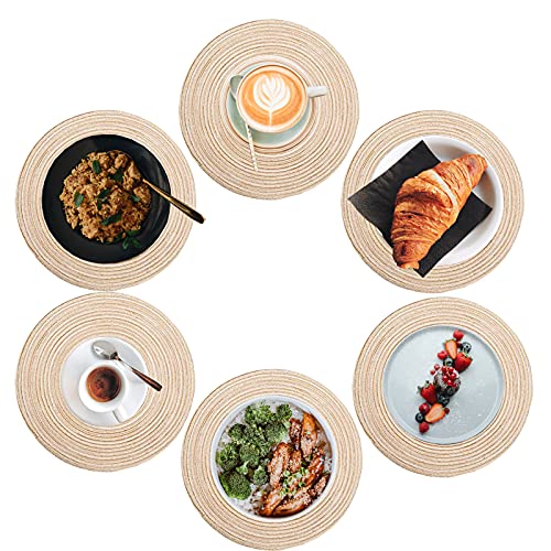 QeeFop Manteles Individuales Redondos 36cm Manteles Individuales Trenzados, Lavable Place Mat, Alfombrillas de Comedor, Resistentes al Calor Antideslizante Fácil de Limpiar (Beige, Juego de 6) Cover