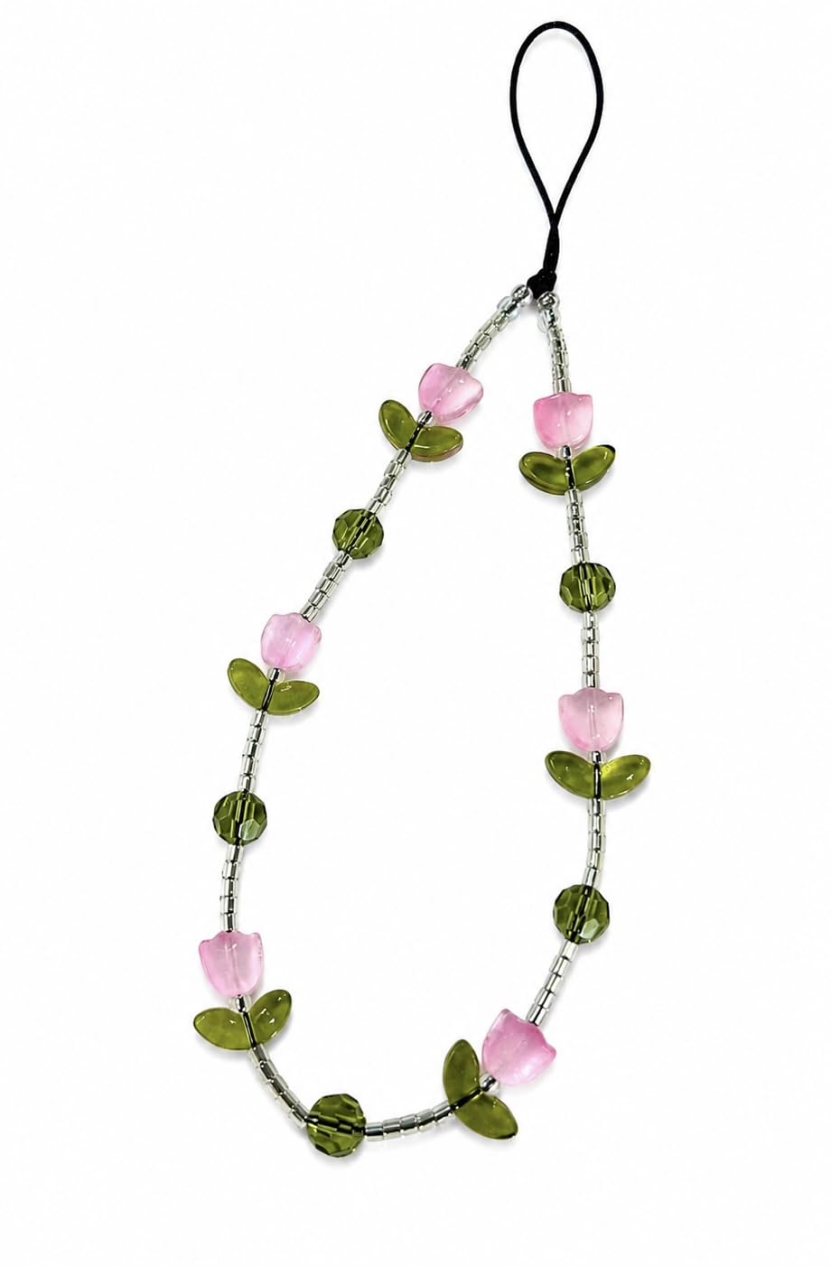 Floral Beaded Phone and bag Charm Strap with Pink lotus Beads | Green Leaf Accents, Silver Seed Beads, Wrist Loop Strap, Boho Style, Phone Accessory-image-17