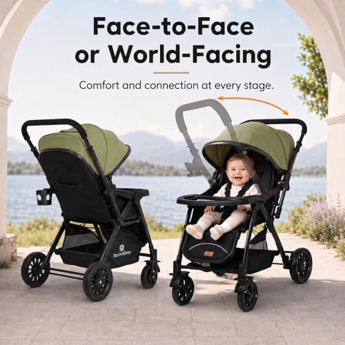 Image of StarAndDaisy Foldable Baby Stroller for 0-3 years Infant & Toddler / Travel Pram for Baby with Storage basket & Lockable Wheels, Multi-Level Recline & Adjustable Footrest, Removable Tray , Safety Harness Belt -Green