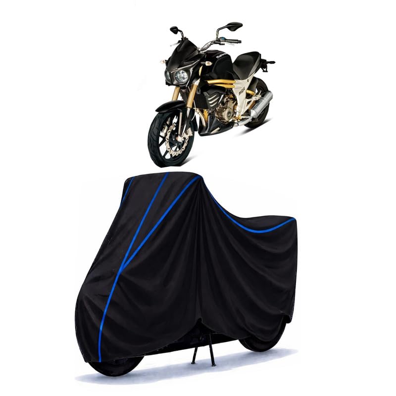 Image of Mojo BS7 Bike Cover Water Resistant Universal Motorcycle Rain | Heavy Duty UV Protection, Dust, Scratch Indoor Outdoor All Weather with Black Blue Piping Elastic