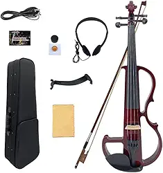Yinfente Violino elétrico 4/4 tamanho completo silencioso 4 cordas estudante iniciante violino ébano acessórios com estojo laço descanso de ombro cabo de resina fone de ouvido