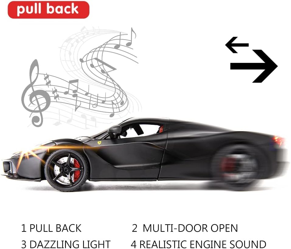 Image of 1:22 La Ferrari RAFA Toy Car Model for Kids Pull Back Diecast Car with Sound Light & Openable Doors Zinc Alloy Metal Sports Vehicle Boys Girls Gift (Black)