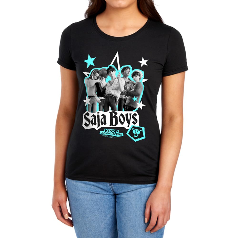 Kpop Demon Hunters Saja Boys Scrapbook Stars Womens T Shirt, Black, L