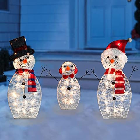 Set of 3 Outdoor Snowman Christmas Decorations, 31 inch Pre-Lit 60 LEDs Outside Christmas Decorations for Yard, Lawn, Garden Clearance 2D Cover