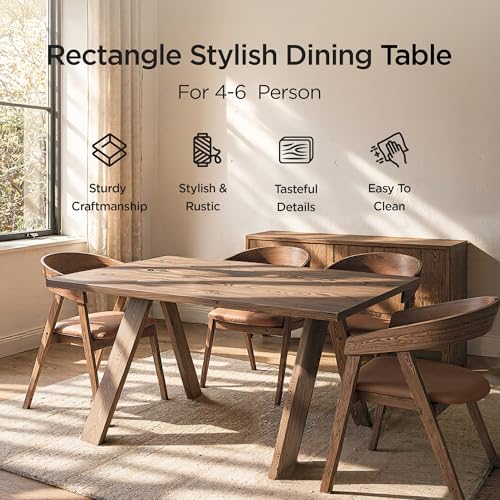 Image of Acanva Farmhouse Rectangular Dining Table for 6 People, Modern Mid-Century Walnut Kitchen Dinner Tables Furniture, Walnut
