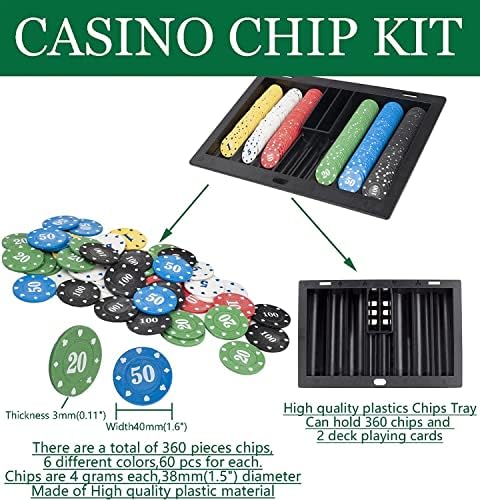 Casino Poker Set: Shuffler + Card Shoe + 360pcs Chips + Double-Sided Felt + 8xDeck Playing Cards + Chip Rake + Bell + Dice + 10xCut Cards + 4xCasino Buttons + 4pcs Batteries (Blackjack + Texas Holdem)