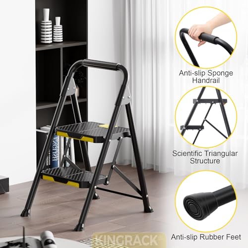 Image of KINGRACK 2 Step Ladder, Sturdy Steel Step Stool with Safe-Lock Design, Handrail, Anti-Slip Wide Pedals, Pass 800lbs Load Testing, Folding Portable Ladder for Multi-Purpose, Home, Kitchen, Black