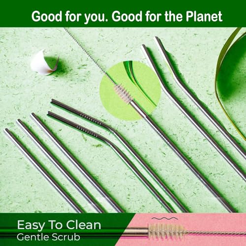 Image of ADD2CART Stainless Steel Drinking Straws, 21.6 cm Long, 6 mm Radius, Set of 4 with Cleaning Brush, Dishwasher Safe
