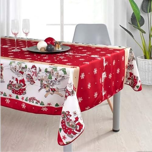Villages de Provence - Nappe de Noel Antitache Rectangulaire - Rouge Blanc - 240x150 cm - Noel Traîneau Flocon - 6/8 Couverts Cover