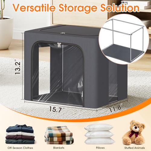 Image of 4 Pack Clothes Storage Bins with Metal Frame, 40L Foldable Fabric Storage Boxes with Clear Window, Front & Top Zipper Openings, Stackable Organizer Bins with Handles for Closet & Bedroom (Light Grey)