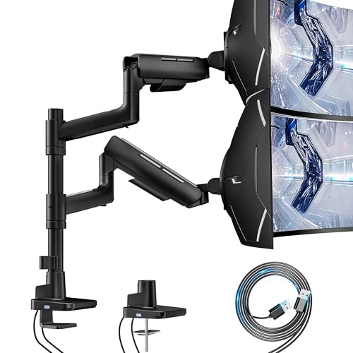 ARES WING Dual Monitor Mount for 17-49 Inch Ultrawide Heavy Duty Curved Screen Stacking, Computer Monitor Arm Desk Mount with USB, Gas Spring Adjustable Vesa Stand, Black by ARES WING - Used condition - US$95.70