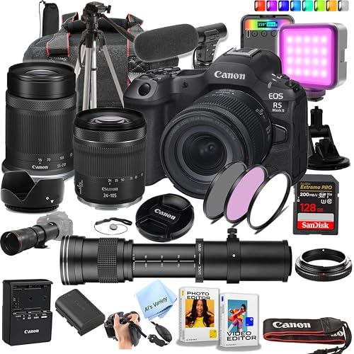 Canon EOS R5 Mark II Full-Frame Mirrorless Camera with 24-105mm & 55-210mm Lenses + 420-800mm Lens + 128GB Extreme Card + Case + Mic + RGB Light + Tripod + More (Content Creator Bundle) (Renewed)