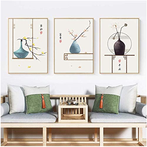 Toile peinture style chinois vase fleur pour deco murale salon 50x70