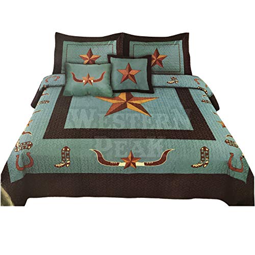 Western Peak Texas Star Longhorn Cowboy Boots Horseshoe 5 Piece Home Bedding Quilt Set (Turquoise, Queen)