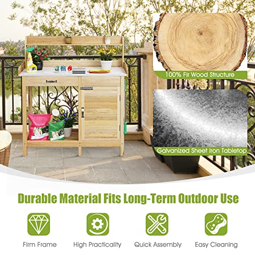 S-AFSTAR-Outdoor-Potting-Bench-Table-Wooden-Garden-Work-Station-with-Drawer-Storage-Cabinet-Open-Shelf-Side-Hooks-Metal-Tabletop-Gardening-Workbench-Potting-Benches-for-Outside-Backyard-Balcony S AFSTAR Outdoor Potting Bench Table Wooden Garden Work Station with Drawer Storage Cabinet Open Shelf Side Hooks Metal Tabletop Gardening Workbench Potting Benches for Outside Backyard Balcony