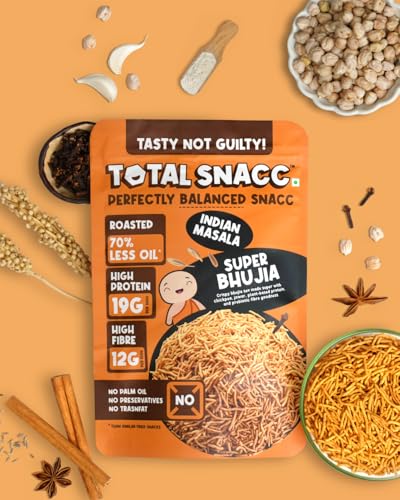 Image of TOTAL SNACC Roasted Bhujia Indian Masala 125g | High Protein 19g, High Fibre 12g | 70% Less Oil | No Palm Oil | Baked Bhujiya | Healthy Namkeen | High Protein Snacks | Diabetic Friendly | Millet Bhujia | Low Calorie