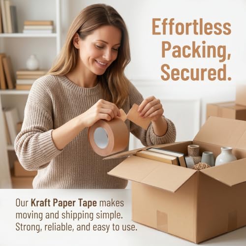ERINGOGO Kraft Paper Packing Tape and Storage Boxes for Carton Boxes and Easy Tear by Hand with Writable Surface 4 Rolls 2 Inch X 3 Yard Mail Sealing Tape in Warehouse Operations - Image 8
