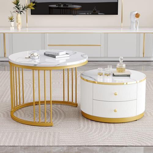 BTM Lot de 2 Tables Basses, Table Basse en Aspect Marbre avec Cadre en Métal Doré, Table Basse Gigognes Ronde avec 2 Tiroirs, Chargde 30kg, 60X60X45.5cm et...