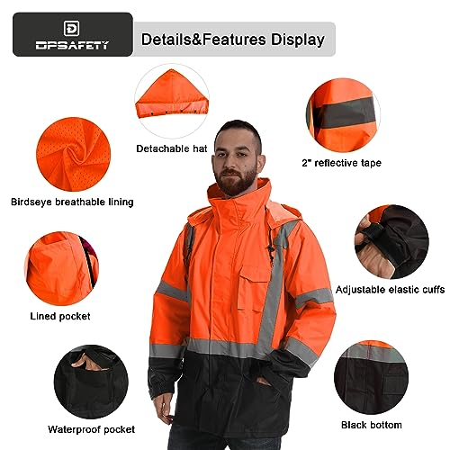 Image of Reflective Rain jackets for men waterproof,Hi Vis Safety Coat With Reflective Strips，High Visibility Class 3 Rain jackets With 2 large pockets，Zipper,Black Bottom Orange,4XL /5XL