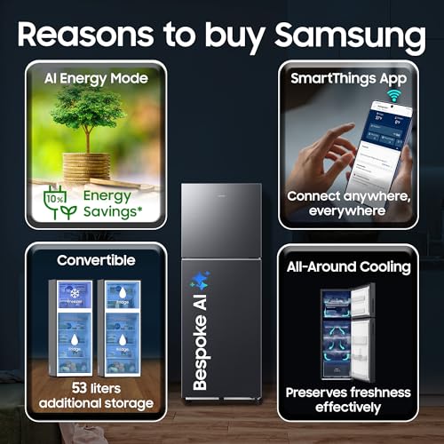 Image of Samsung 236 L, 3 Star, Bespoke AI, Convertible, Digital Inverter Frost Free Double Door Refrigerator (RT80H28U3FHL, Black DOI, 2026 Model)