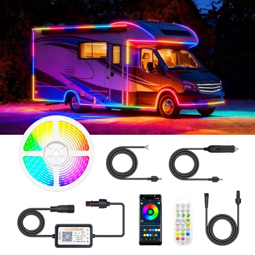 Lrimauix Smart RGB+IC RV Awning Lights 16.4FT Dream Color Chasing Camper Awning Lights Strip for RV Canopy 12V Waterproof APP/Remote RV Underglow Light for Travel Van Concession Trailer