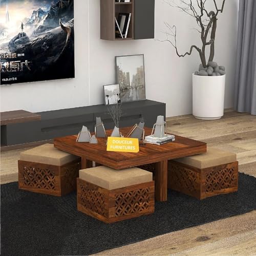Image of Classic Royale Sheesham Wood Creation Center Table with 4 stools for Home & Office, PureCraft Elite Wooden Coffee Table|Tea Table | Sofa Set Table Honey Finish
