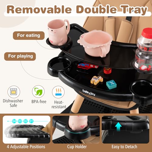 Image of BABY JOY 6 in 1 High Chair, Convertible High Chairs for Babies and Toddlers /Booster Seat /Table and Chair Set, Infant Wooden Highchair w / 5-Point Harness, 4-Position Removable Tray & PU Cushion, Coffee