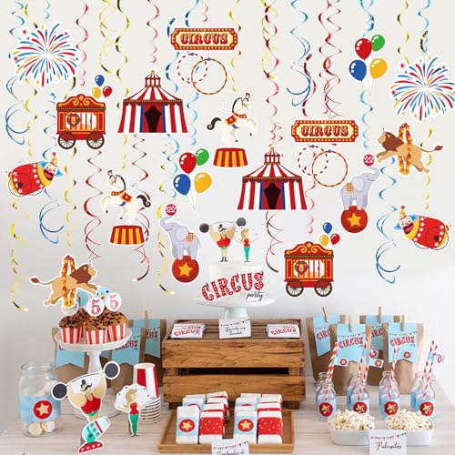 Image of Carnival Hanging Swirl Set Party Decorations, 48 Pcs, Circus Joker Balloon Party Supplies Sign,Red Blue Yellow