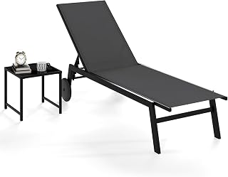 COSTWAY Sonnenliege mit Rollen und Beistelltisch, Gartenliege mit Verstellbarer Rückenlehne und schnelltrocknendem Stoff, Rollliege bis 150kg belastbar, Liegestuhl für Garten, Terrasse (Grau)