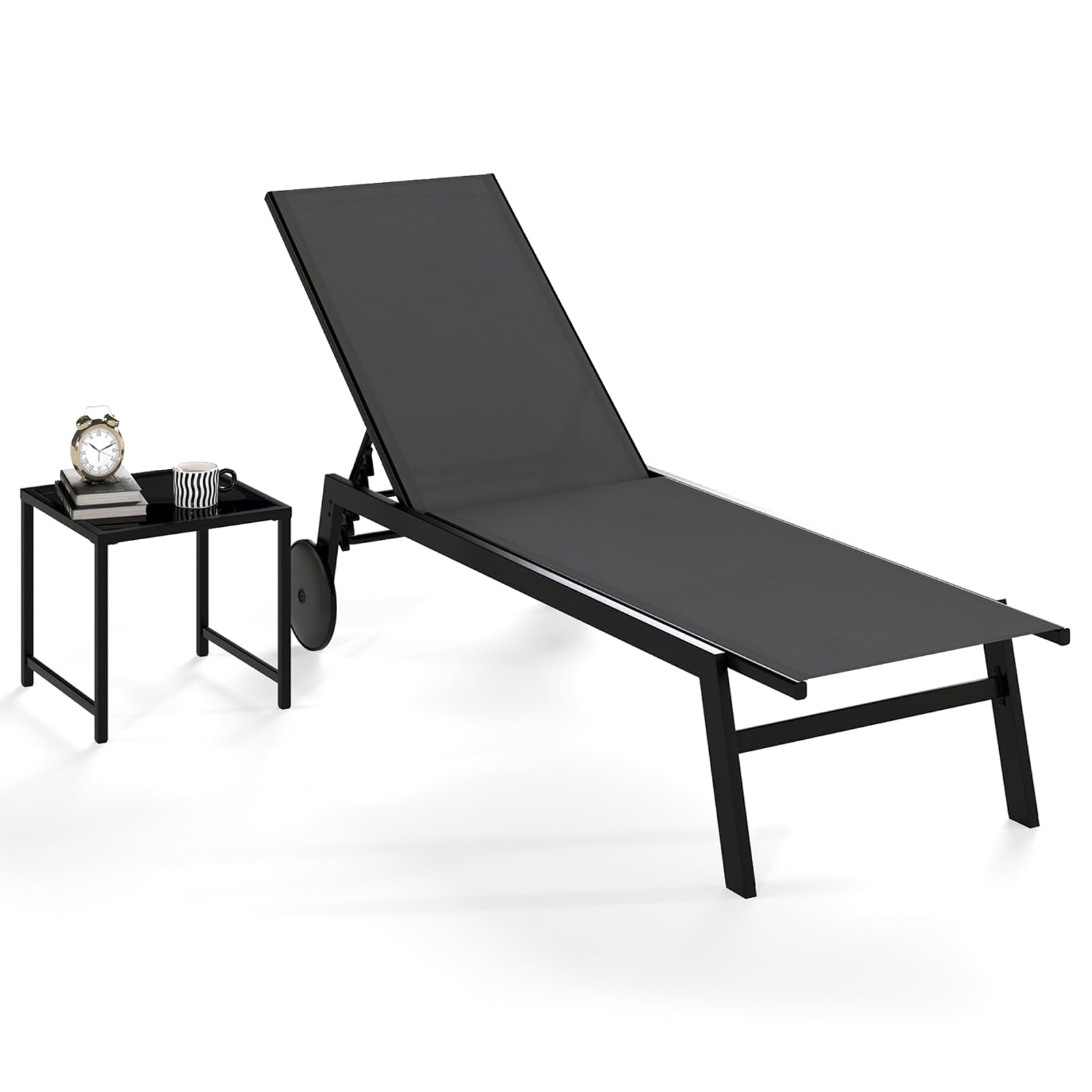 COSTWAY Sonnenliege mit Rollen und Beistelltisch, Gartenliege mit Verstellbarer Rückenlehne und schnelltrocknendem Stoff, Rollliege bis 150kg belastbar, Liegestuhl für Garten, Terrasse (Grau)