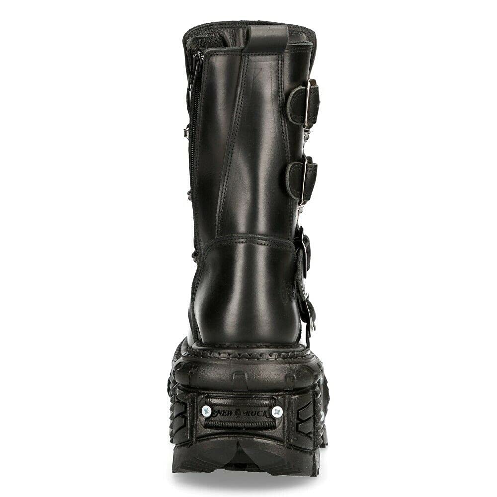 NEW ROCK TANK373-S1 Stivali Unisex con Piattaforma in Pelle Nera Stile Motociclista Gotico